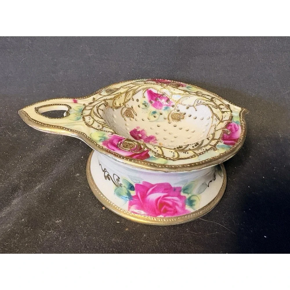 Antique Floral Porcelain Tea Strainer & Drip Bowl Base w/ Gold Gilded Accents